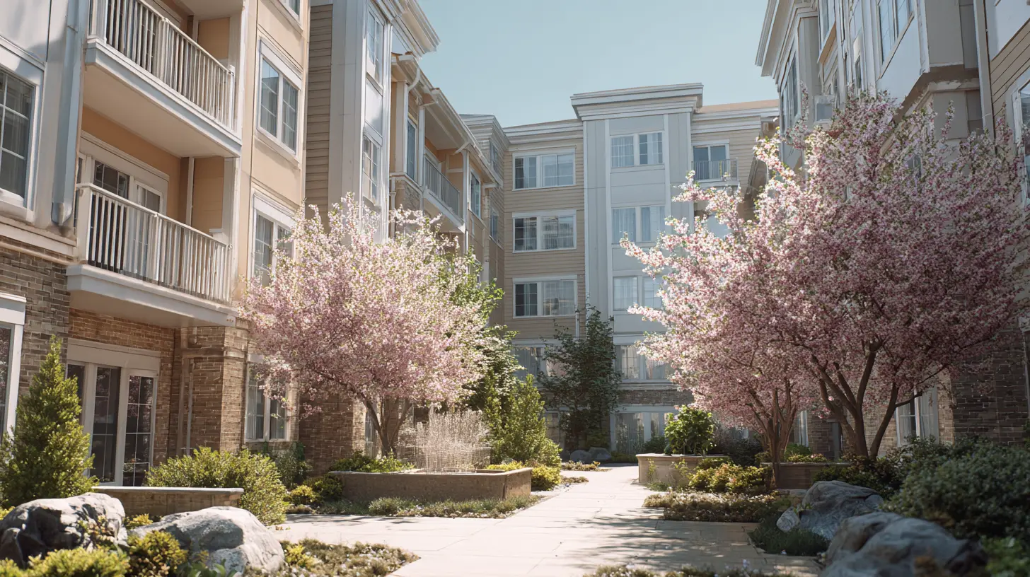 Modern Lower Westchester apartment complex courtyard with blooming spring trees and landscaped residential walkways during early summer HVAC season