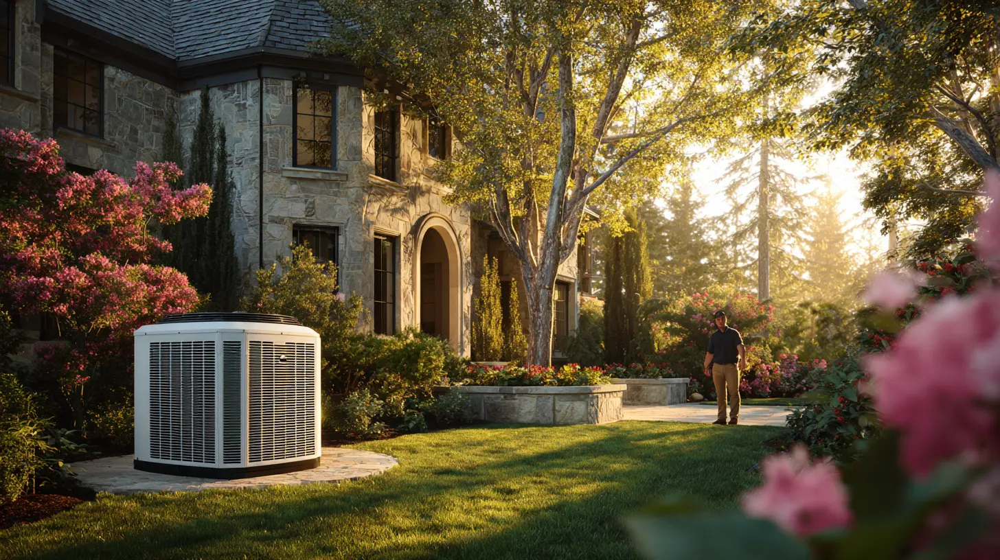 Luxury Westchester County home with outdoor central air conditioning condenser during early summer evening landscaping season