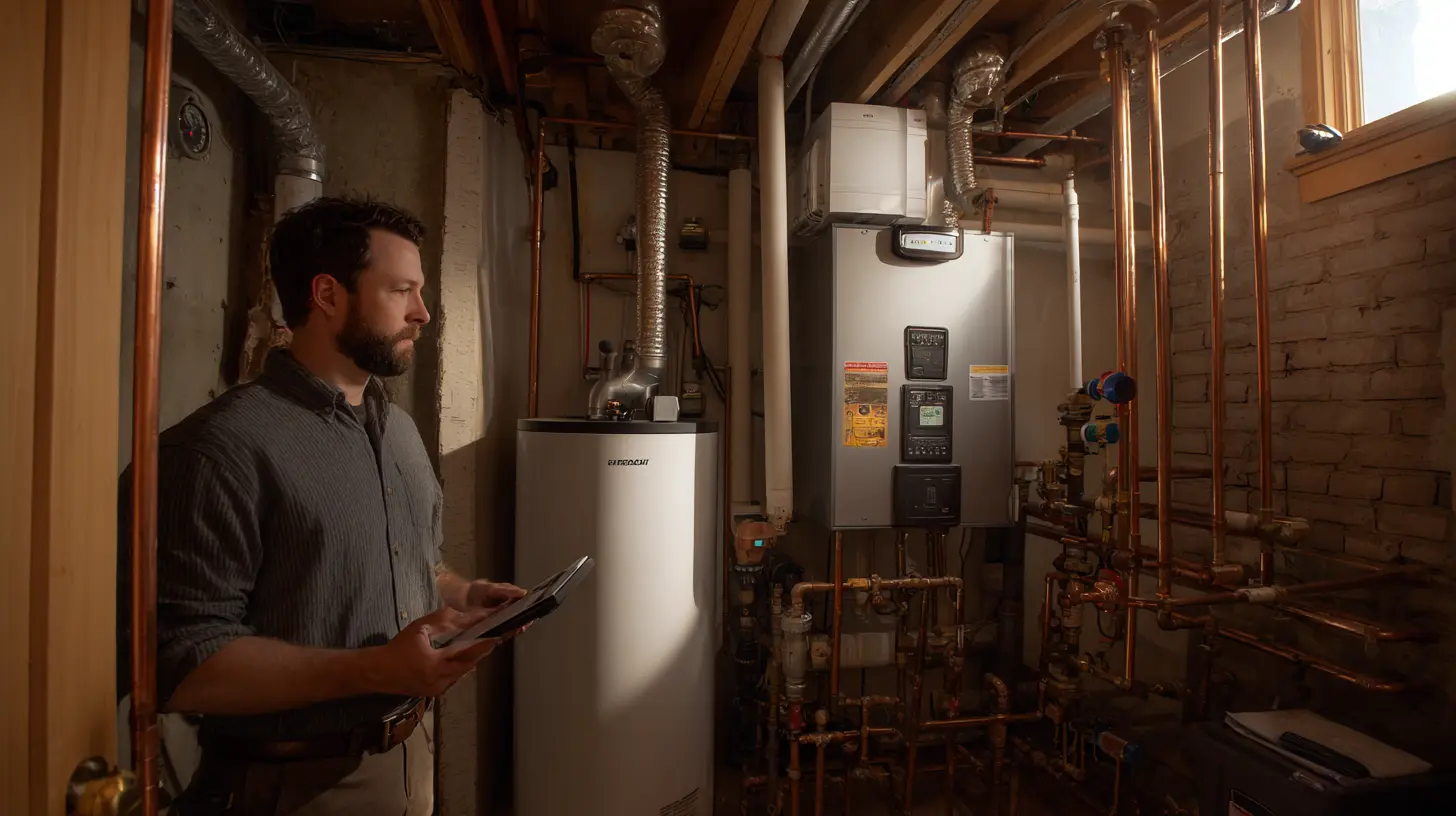 Older Pelham NY home mechanical room with boiler, hydronic heating system, and HVAC technician inspecting equipment in Lower Westchester basement utility area