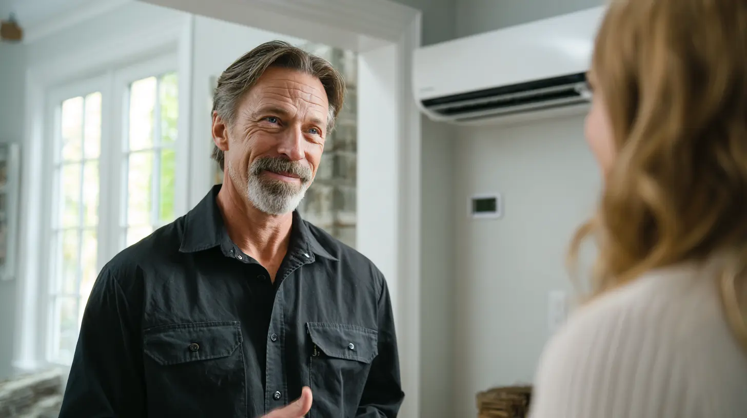Homeowner reviewing HVAC system options with contractor in Westchester County home