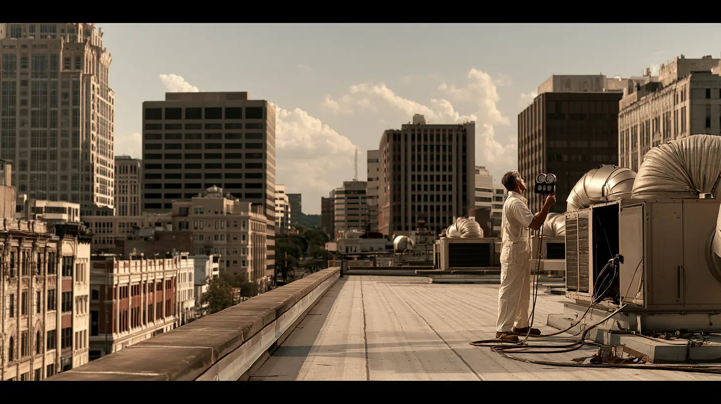 Commercial HVAC technician measuring static pressure on a rooftop unit in downtown White Plains, NY