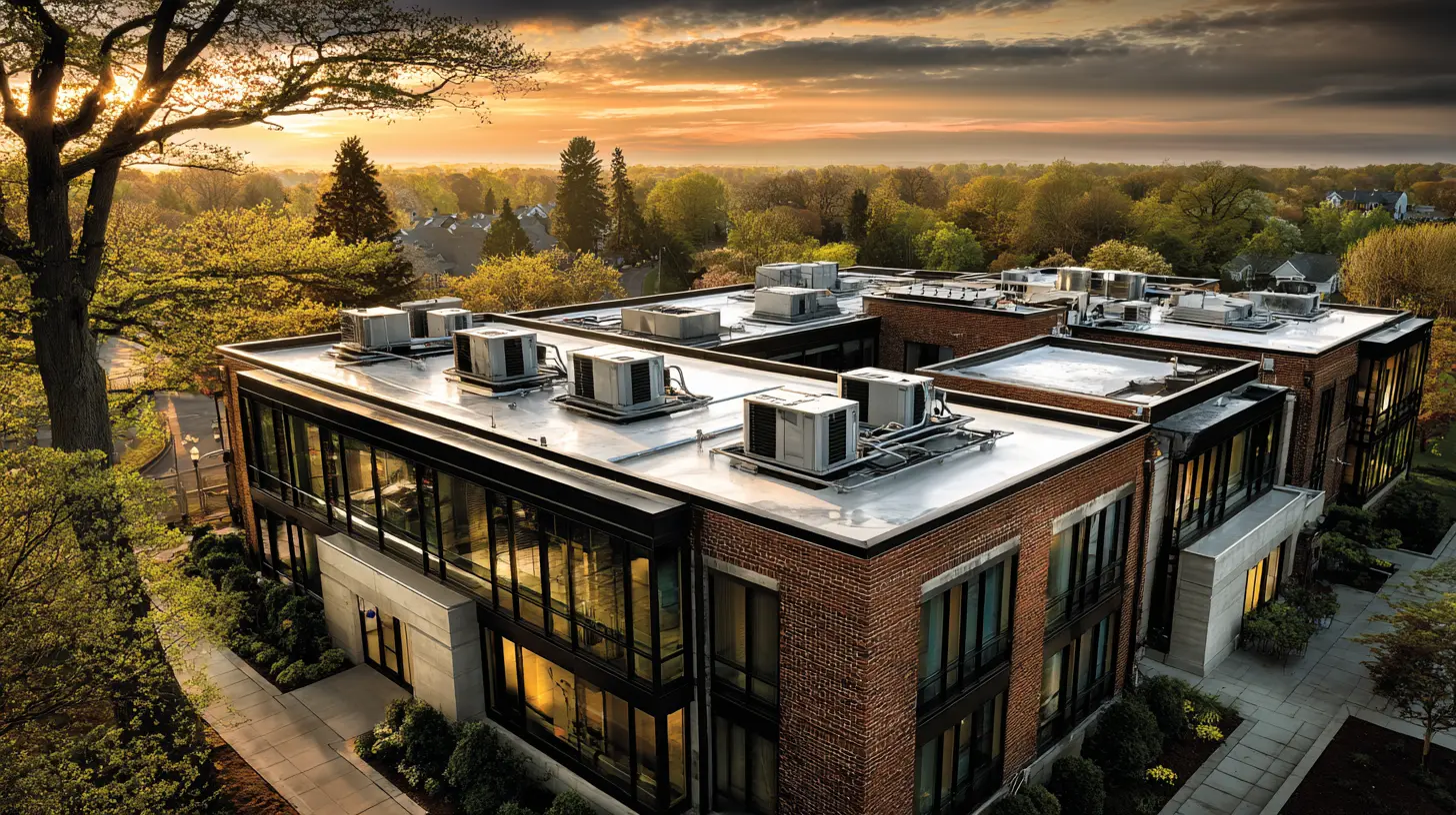 Aerial view of a brick multi-family apartment building with rooftop heat pump units at sunset in Harrison, NY.