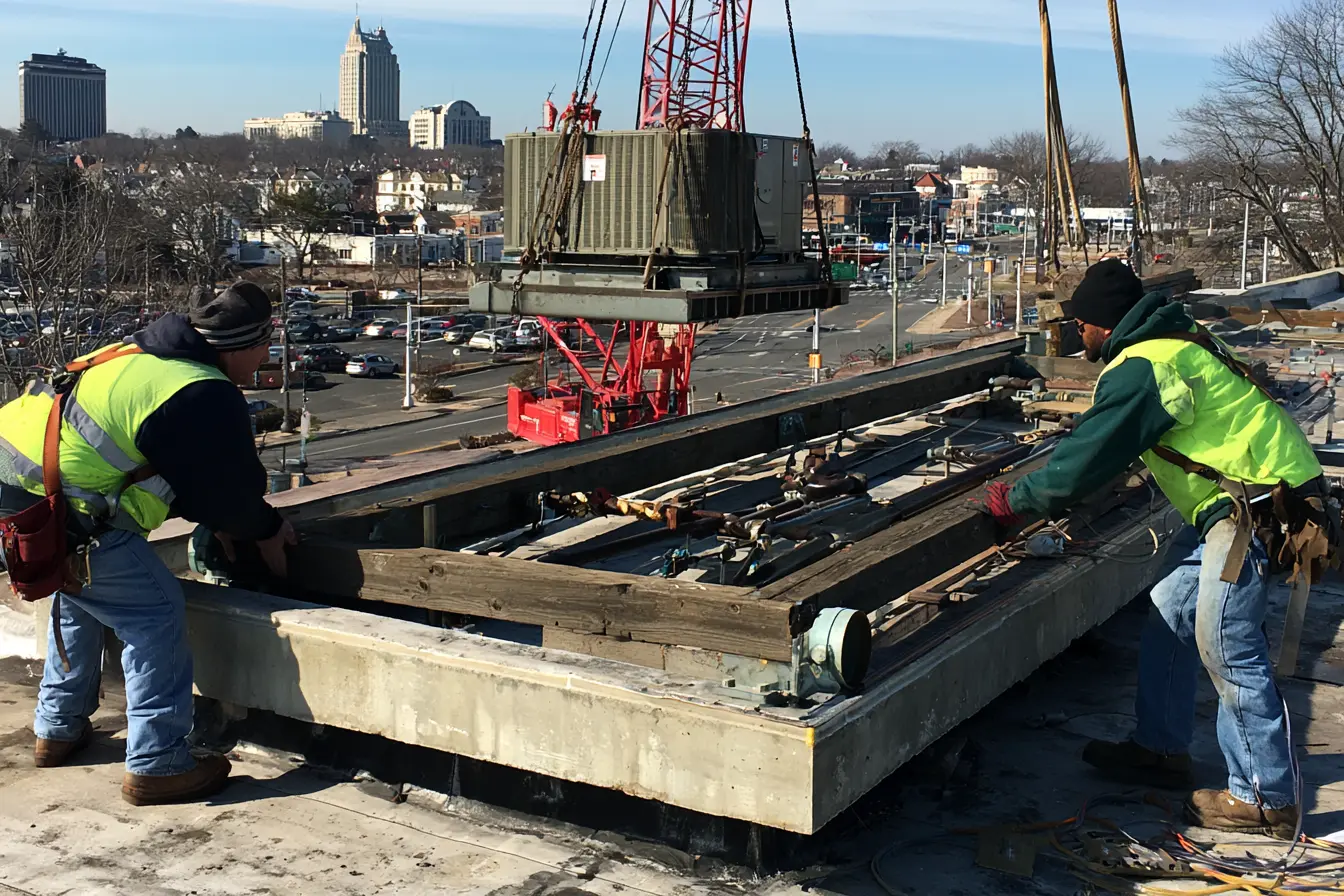 HVAC technicians guiding a commercial rooftop unit during a crane installation in New Rochelle, NY