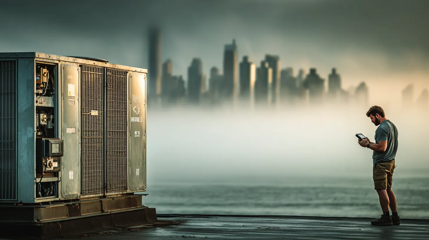 HVAC technician monitoring outdoor air quality beside a commercial rooftop unit during wildfire smoke in Westchester County, NY