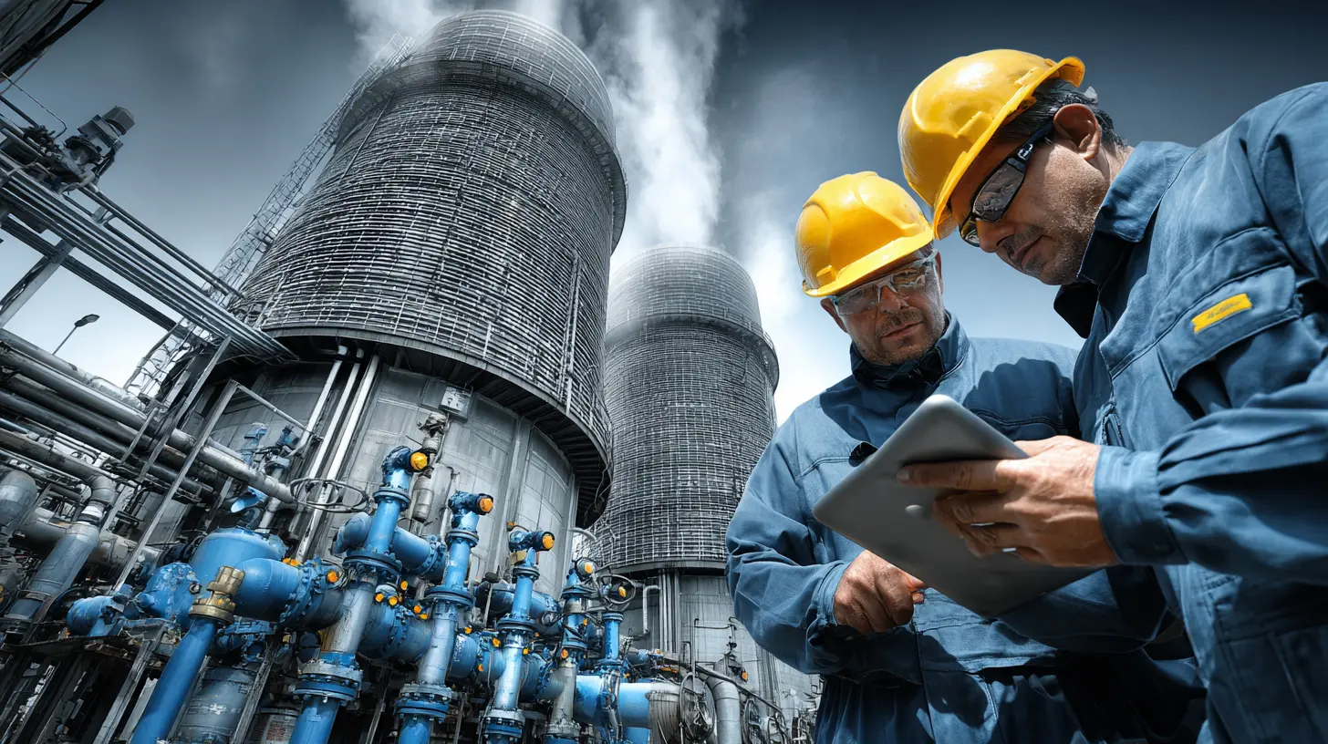 Commercial HVAC technicians reviewing cooling-tower operating data beside industrial heat-rejection equipment in Westchester County, NY