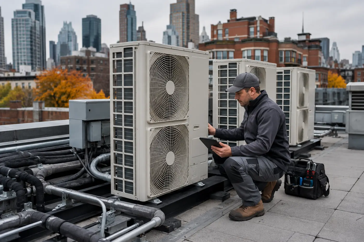 HVAC technician performing VRF system maintenance on a commercial rooftop in autumn
