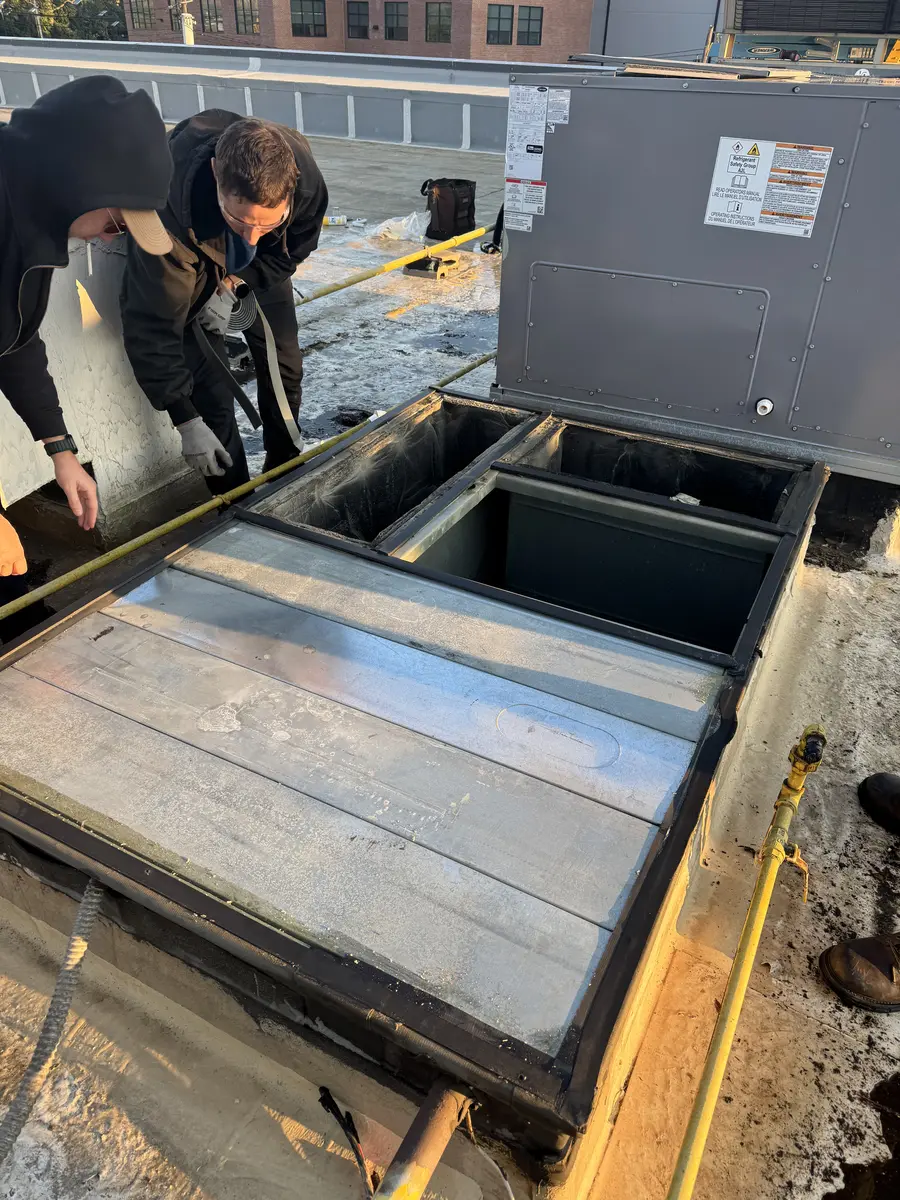 Commercial rooftop curb and equipment interface prepared for replacement in Yonkers, NY