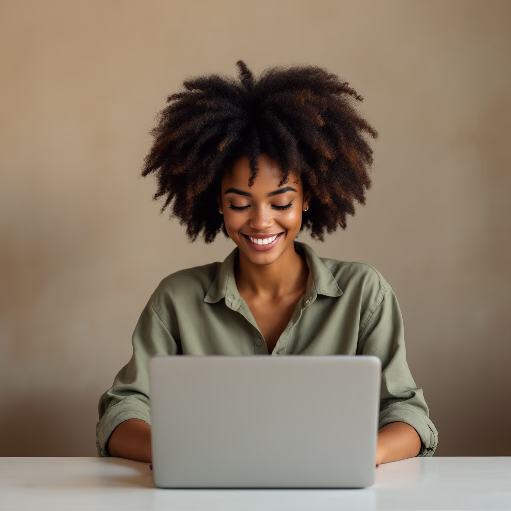 [headshot] image of satisfied student using a laptop, with emphasis on organic forms and material interplay
