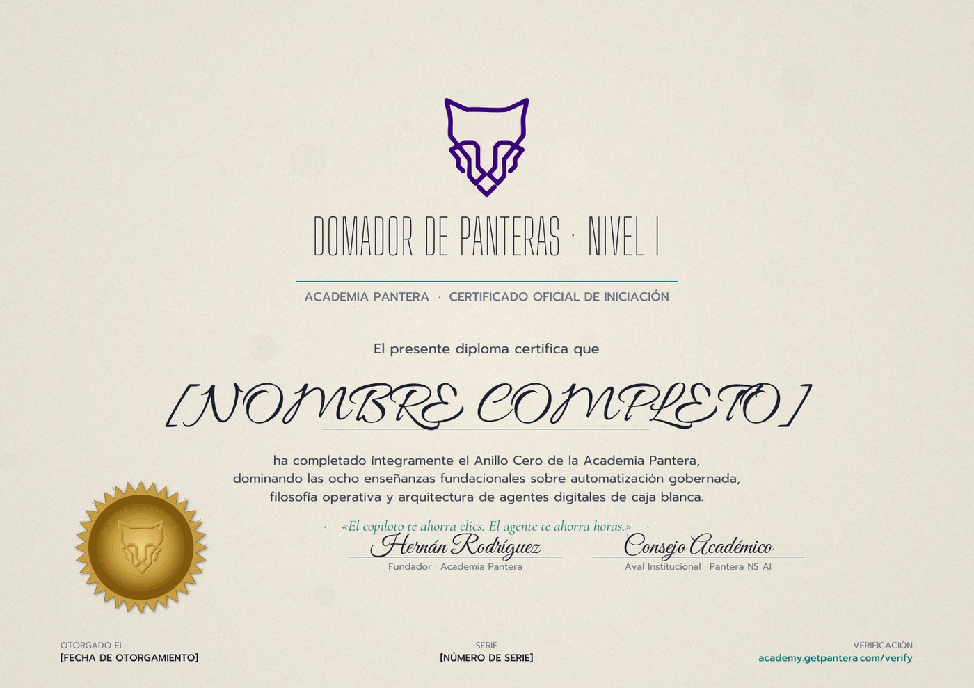 Modelo de diploma de Pantera marcado como muestra