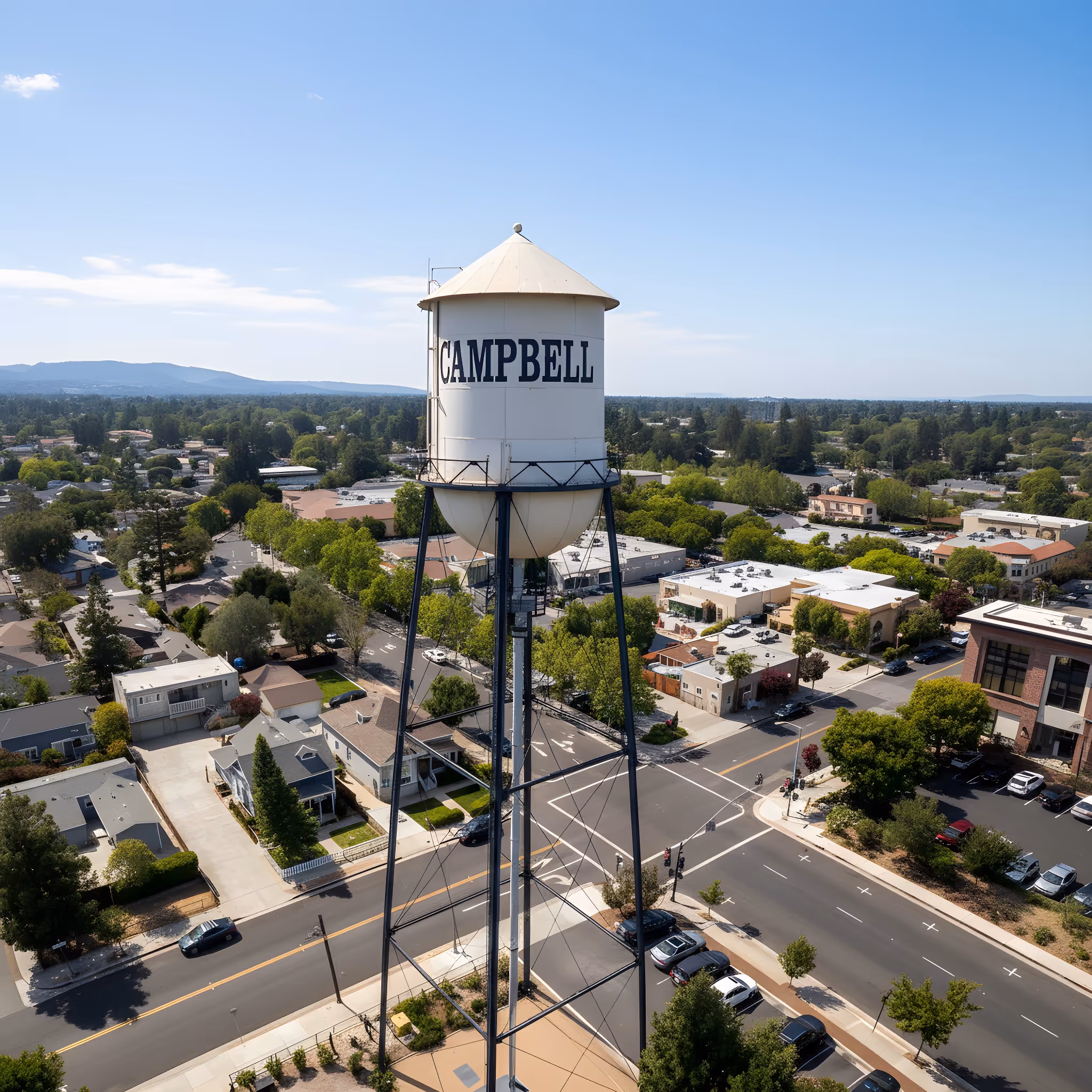 Tall white water tower with CAMPBELL written on it, overlooking a suburban neighborhood with streets, houses, and trees under a clear blue sky.