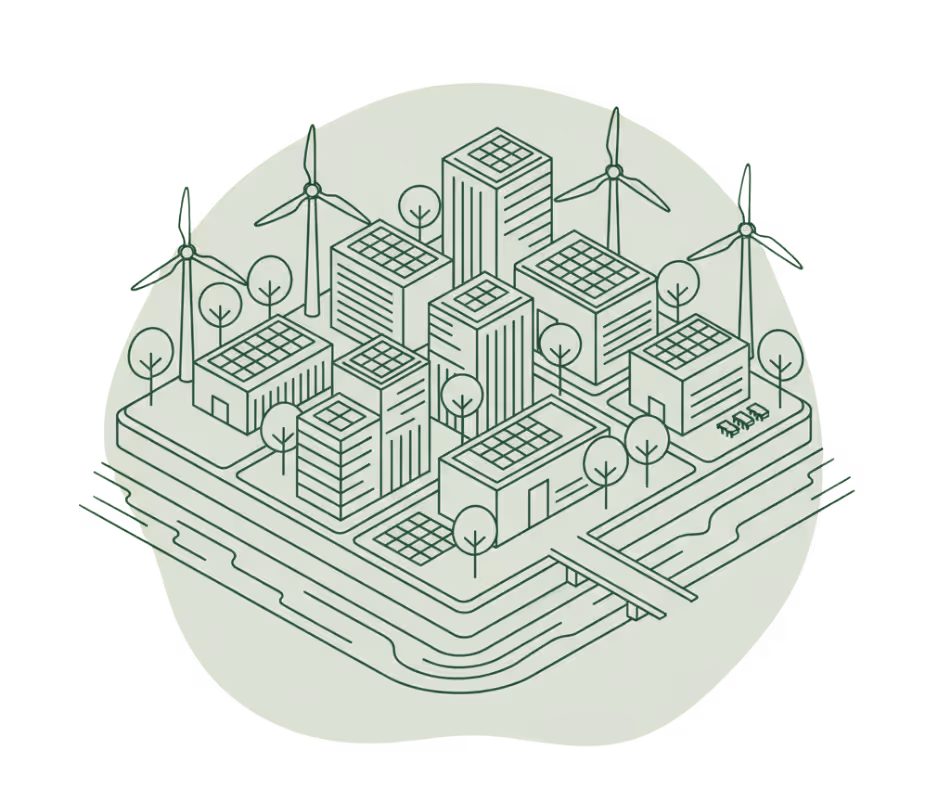 Illustration einer nachhaltigen Stadt mit modernen Gebäuden, Solaranlagen und Windrädern – symbolisiert erneuerbare Energien, Energieeffizienz und umweltfreundliche Stadtplanung.