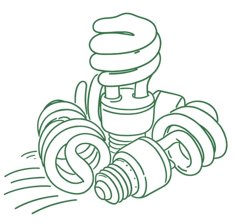 Grüne Lineart-Zeichnung von Energiesparlampen als Symbol für energieeffiziente Sanierung und Beratung in Münzenberg und Umgebung