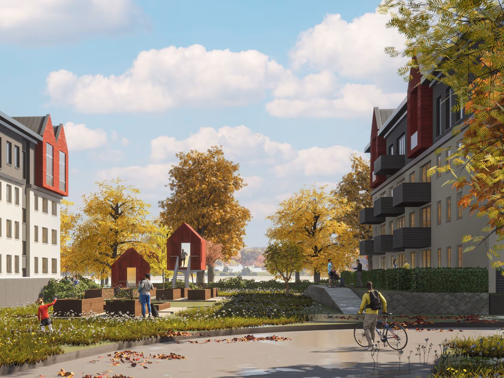 Wohngebiet mit mehreren mehrstöckigen Gebäuden, herbstlich gefärbten Bäumen, spielenden Kindern und einem Radfahrer auf dem Weg.