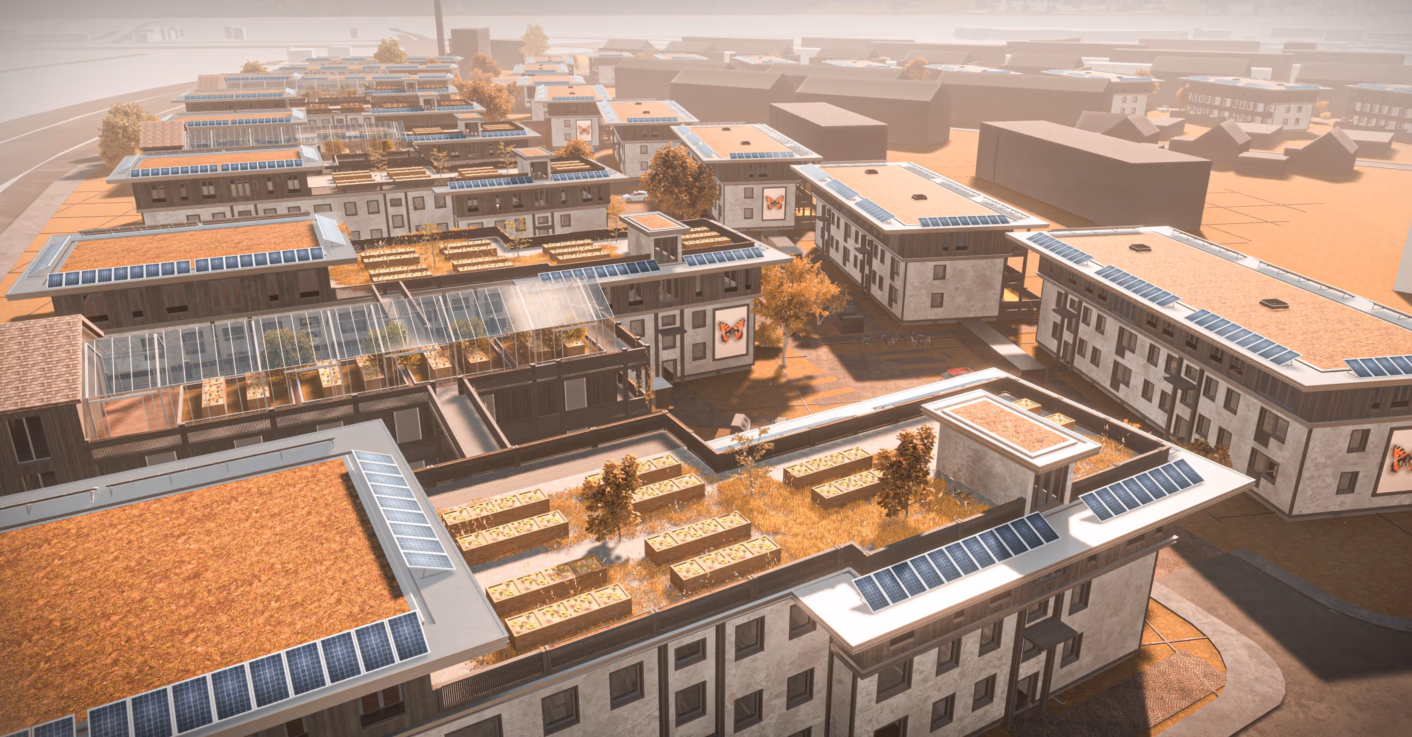 Moderne Wohnsiedlung mit Flachdächern, Solarpanels und begrünten Dachflächen mit Hochbeeten und kleinen Bäumen.