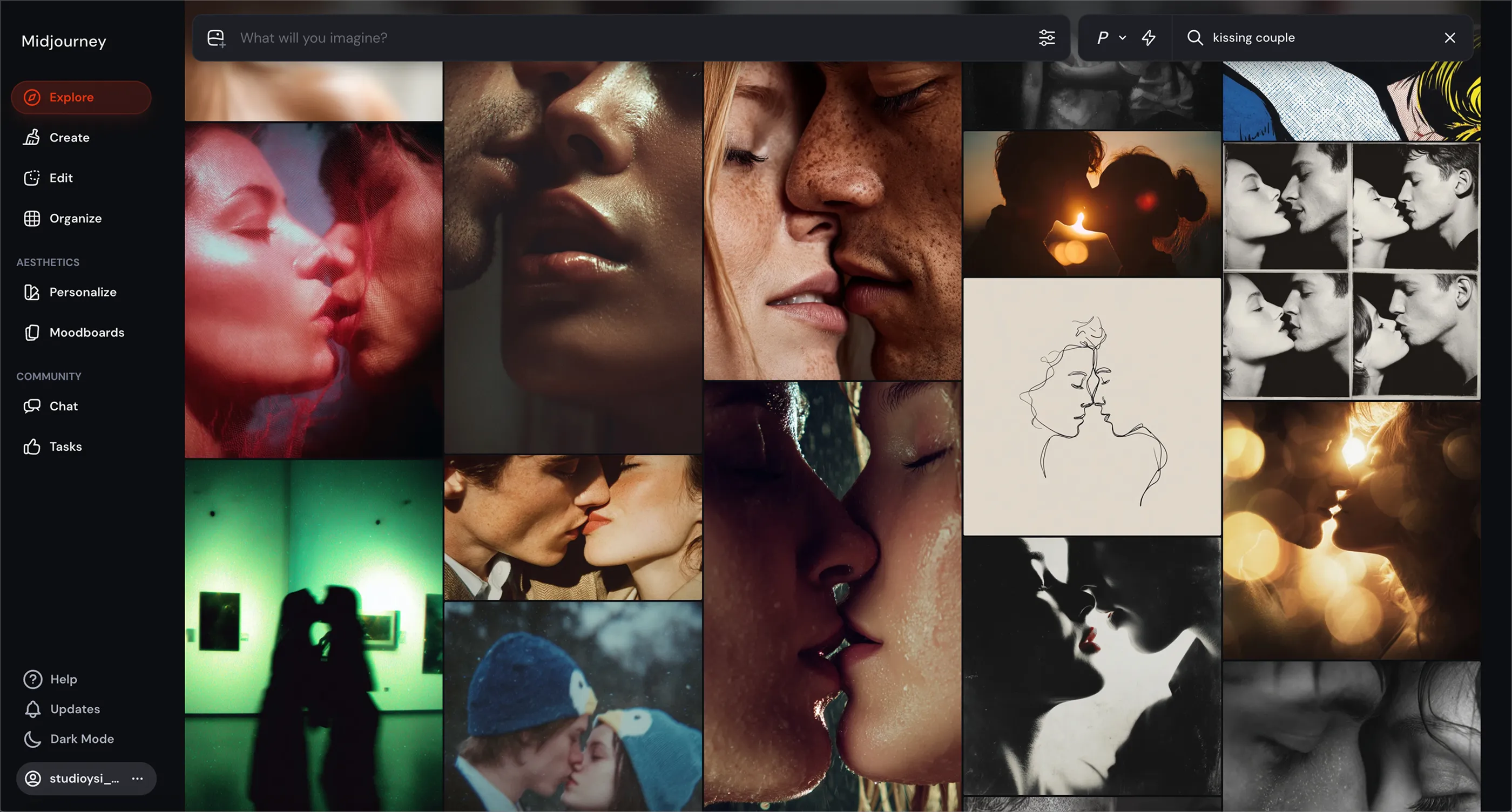 Collage verschiedener künstlerischer Darstellungen von küssenden heterosexuellen Paaren in einem aktuellen Bildgenerierungs-Tool.