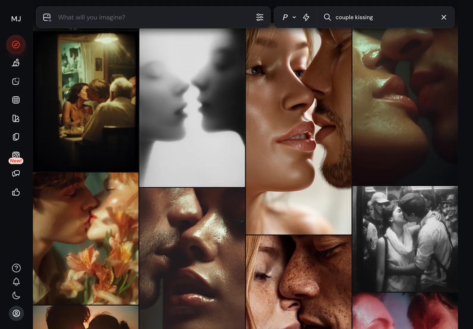 Collage verschiedener künstlerischer Darstellungen von küssenden heterosexuellen Paaren in einem aktuellen Bildgenerierungs-Tool.