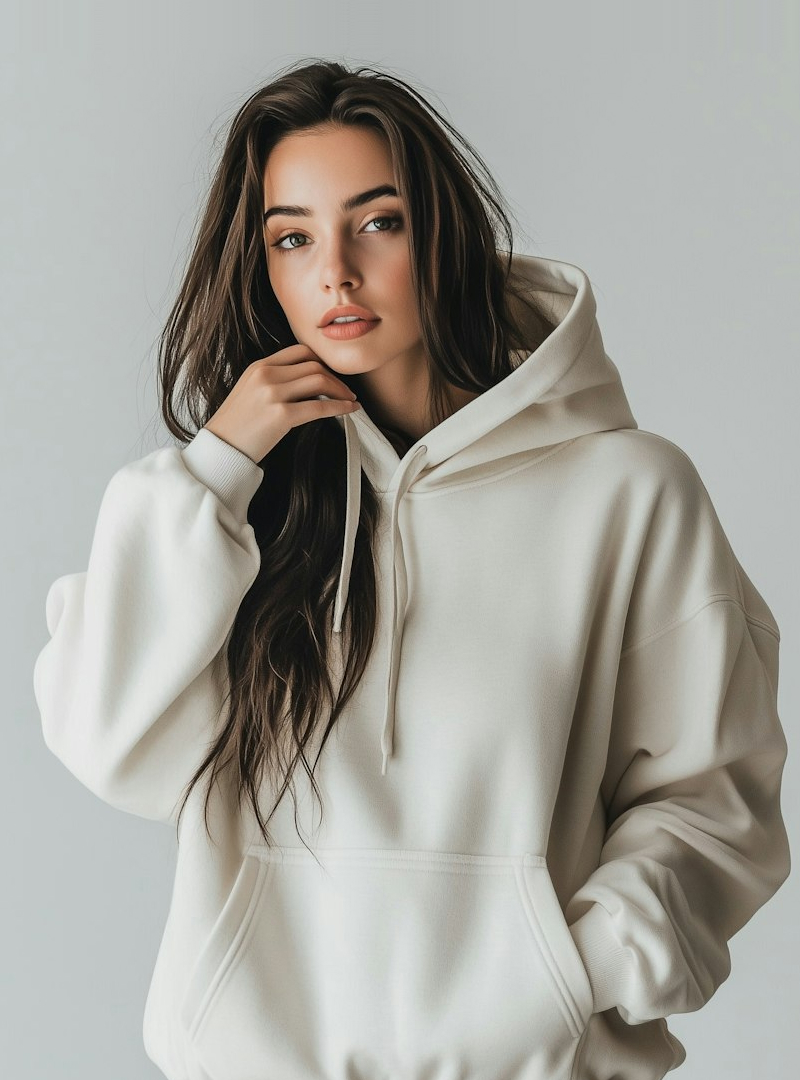 A woman in a white hoodie posing for a picture.