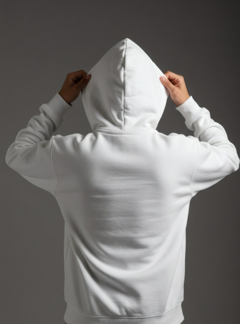 A person in a white hoodie with their hands on their head.