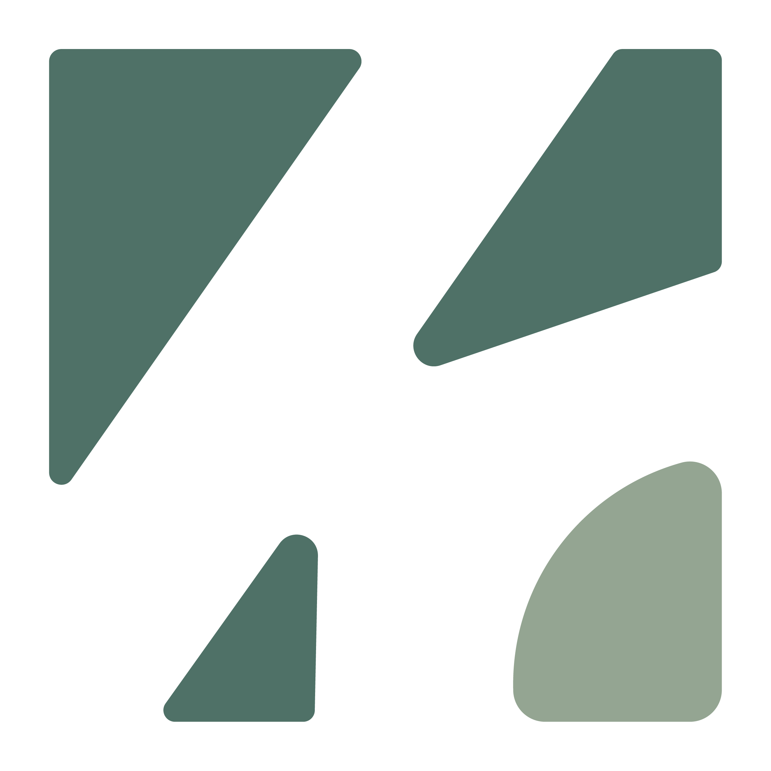 Abstract grafisch symbool bestaande uit vier groene vormen op een zwarte achtergrond.