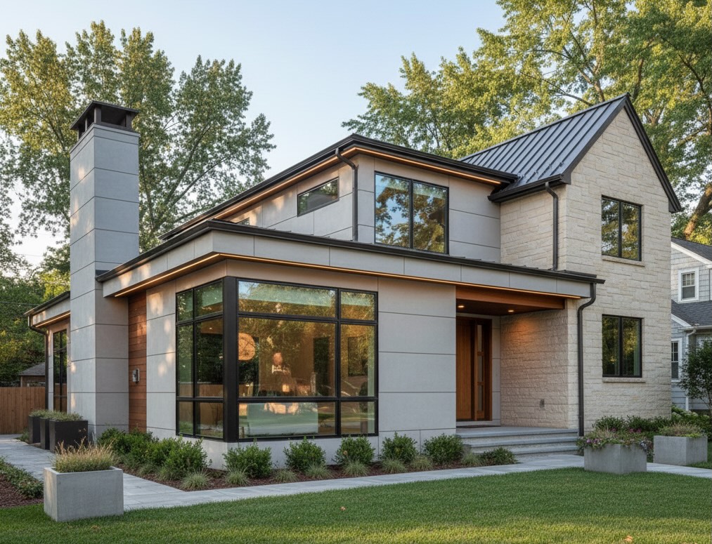 Modern two-story house with large windows, stone and wood exterior, and a metal roof surrounded by trees.