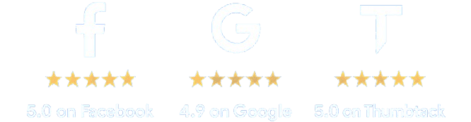 Customer review ratings for HVA Climate Control displayed on a blue background, featuring 5.0 stars on Facebook, 4.9 stars on Google, and 5.0 stars on Thumbtack, with corresponding platform logos.