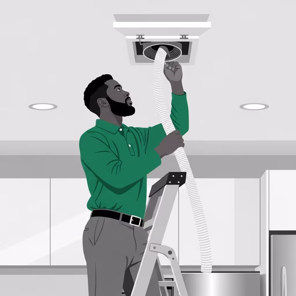 technician on a ladder cleaning air ducts in a modern home