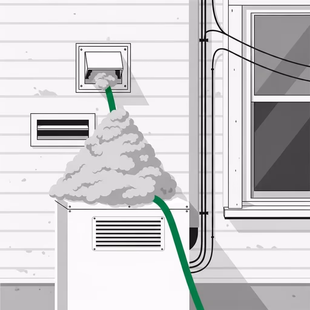 Dryer vent cleaning in progress showing a flexible vacuum hose and some lint and debris coming out of the vent.