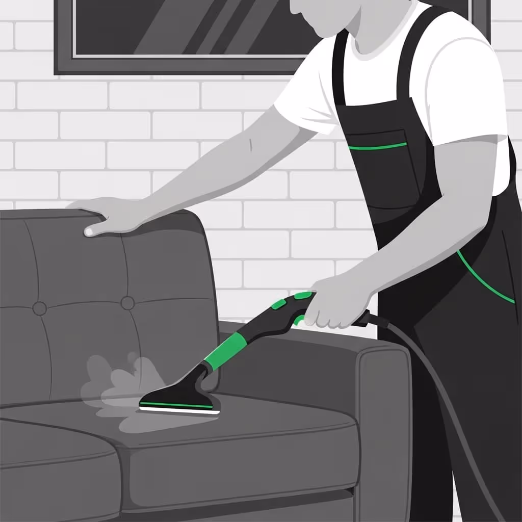 Technician preforming upholstery cleaning on a couch in a modern living room