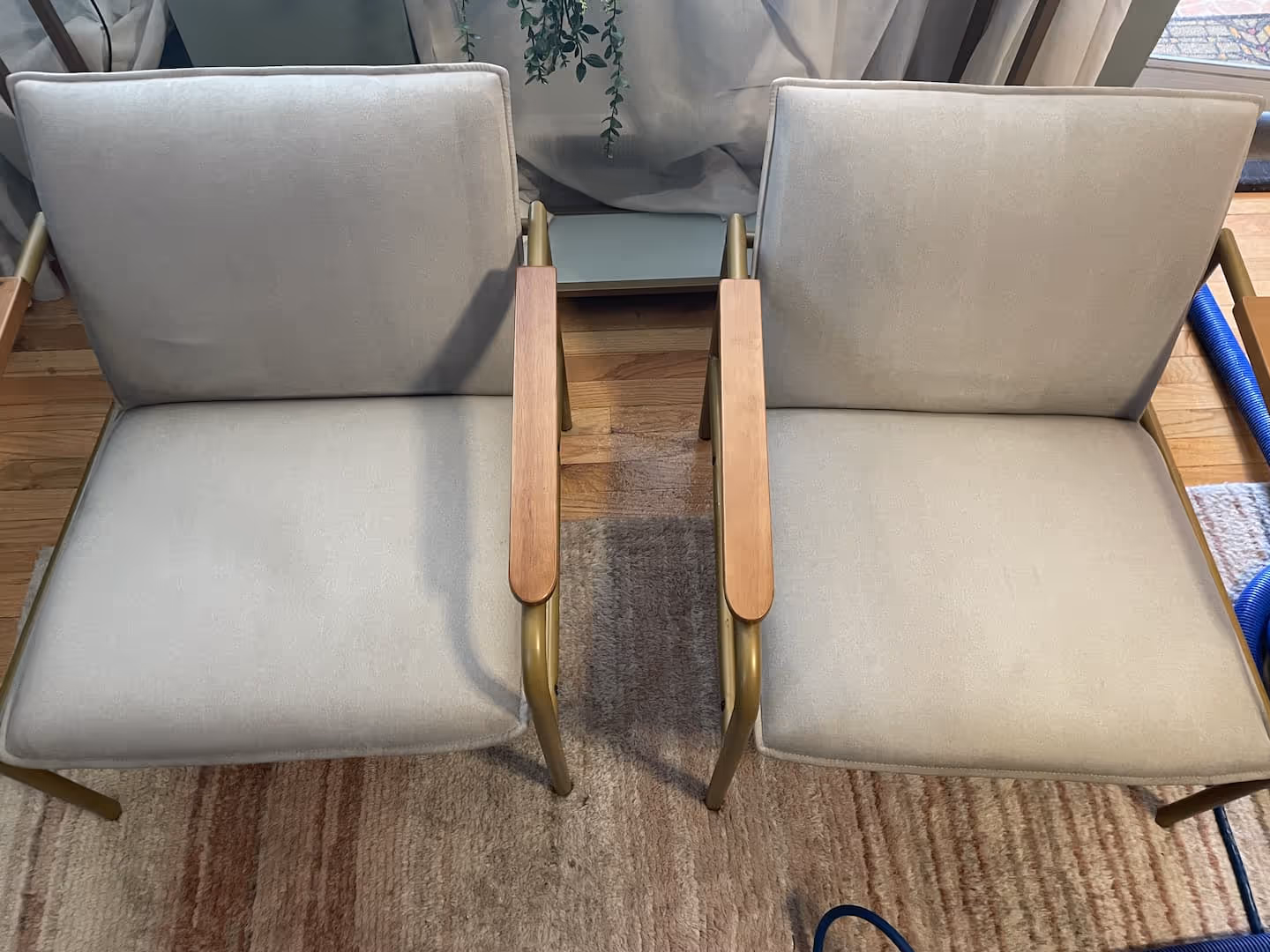 Before and after comparison of upholstered chairs after professional cleaning