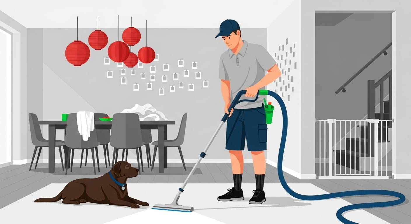 Illustration of a carpet cleaning technician using professional equipment to preform hot water extraction in a modern home