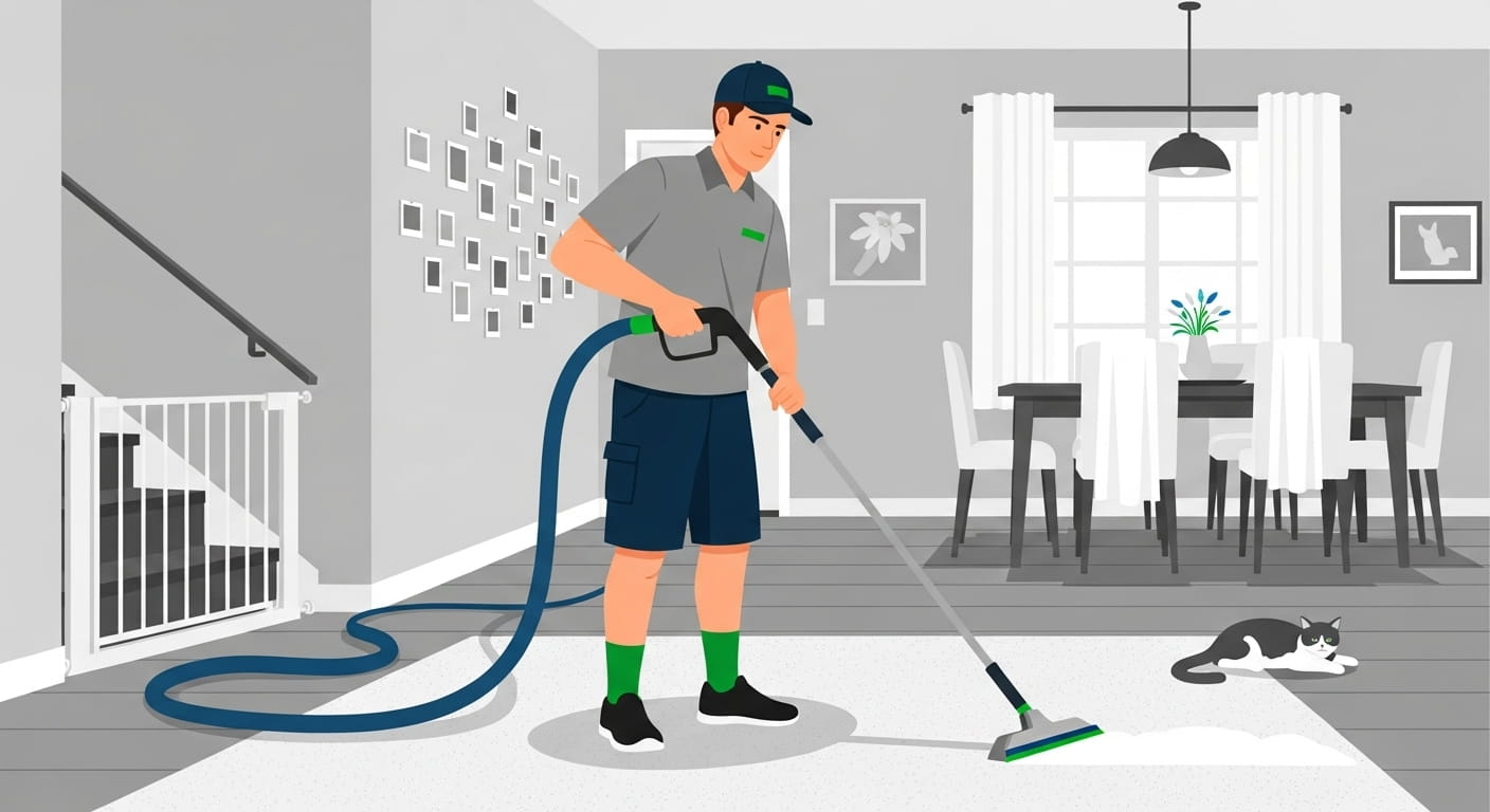 Technician providing carpet cleaning in Arvada using hot water extraction while a cat relaxes nearby in the home