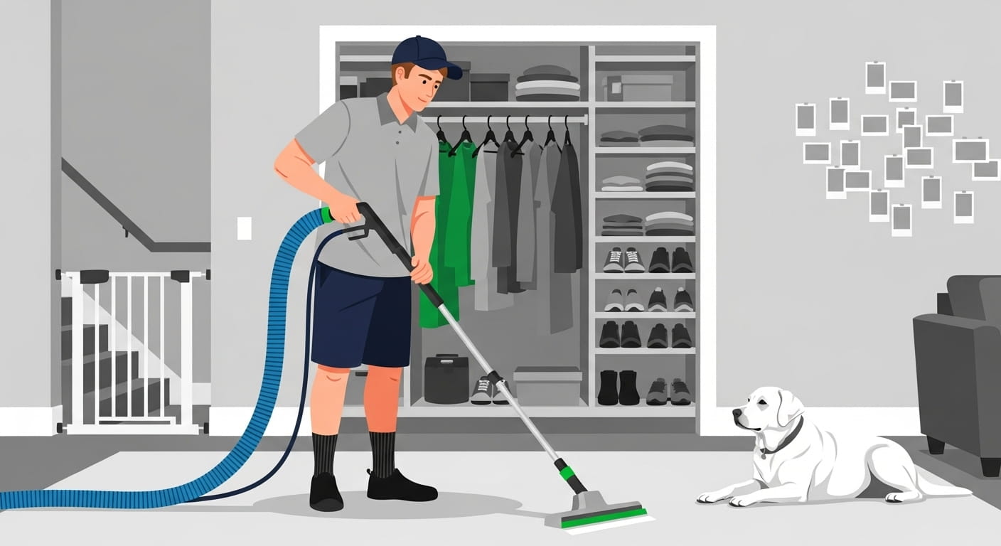 Illustration of a professional carpet cleaner using steam extraction in a home while a white dog watches from the floor.