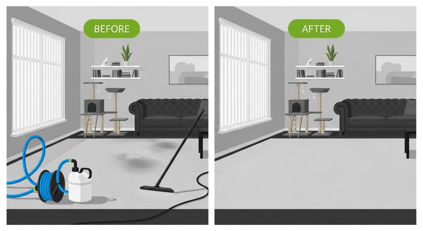 Technician cleaning carpet in a Westminster home using professional equipment with a dog nearby.