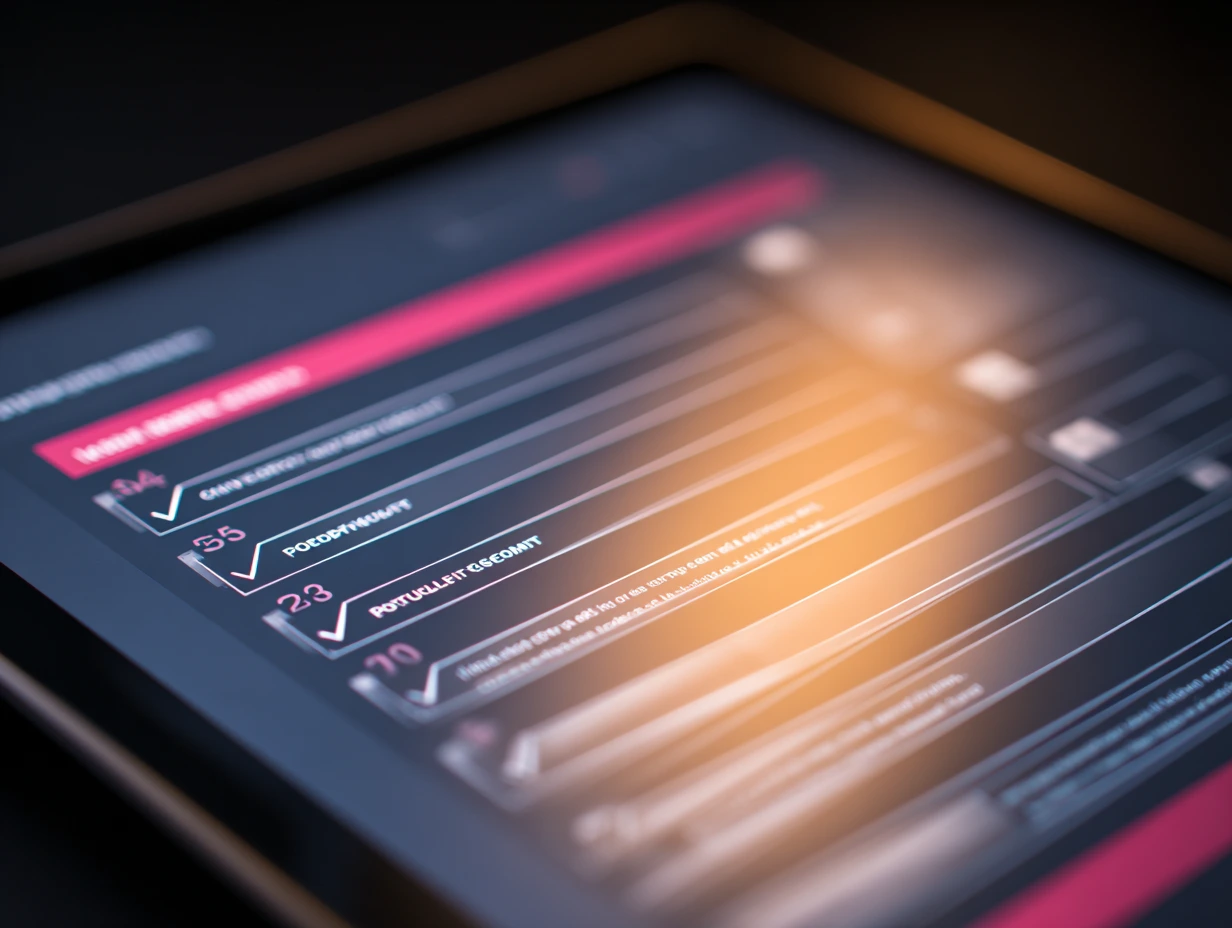 A close-up shot of a modern digital tablet screen displaying a well-structured and clean web design brief template ready to be filled out