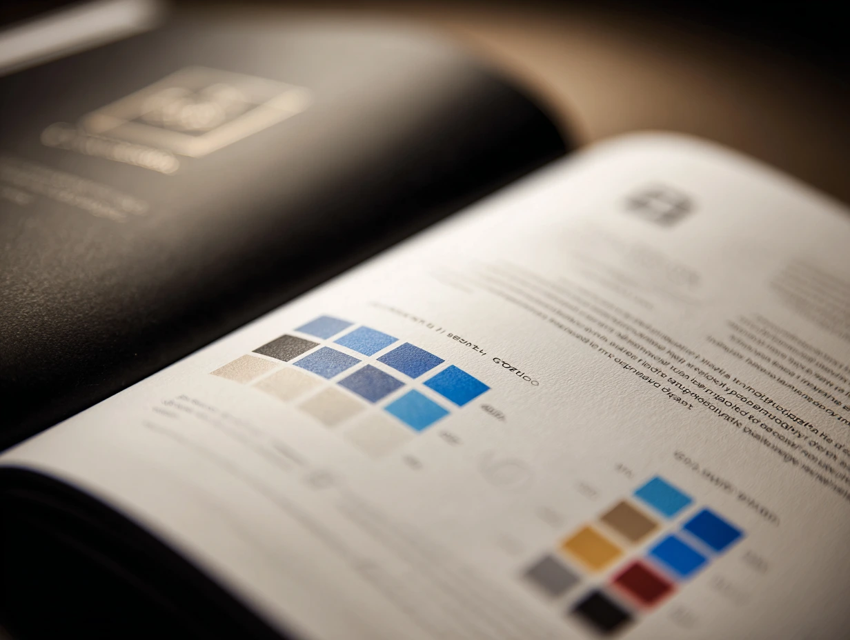 A close-up detailed shot of an open brand style guide document demonstrating a geometric logo blueprint and strict visual alignment rules.
