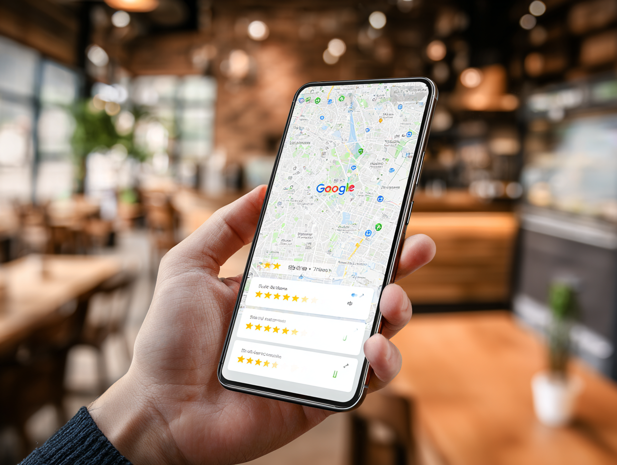 A service business owner using a smartphone to manage their local search visibility and web design services near me.