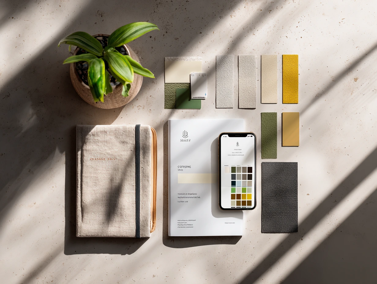 An aesthetic overhead flat lay showcasing professional branding services for small business including color palettes and custom logo design packages