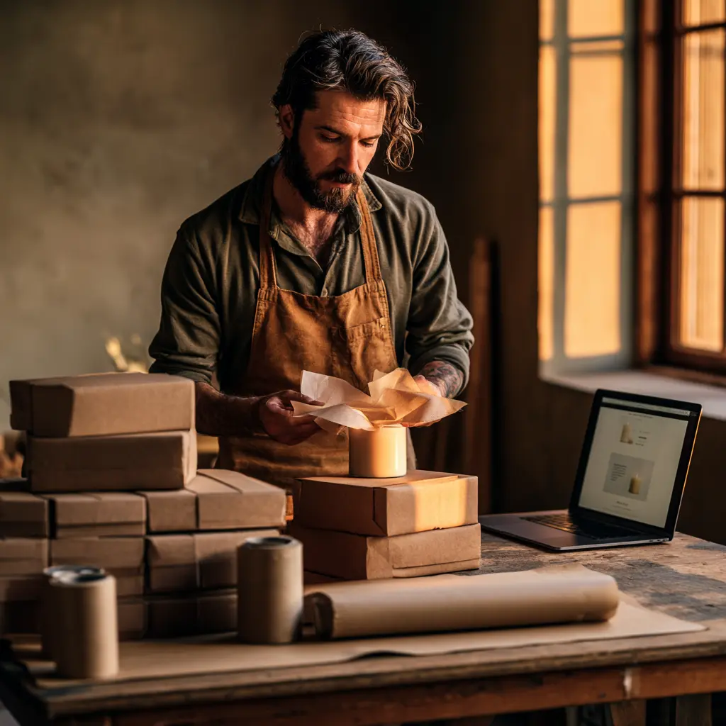 A maker wrapping a candle at a packing table with shipping boxes and a laptop showing their own online store.