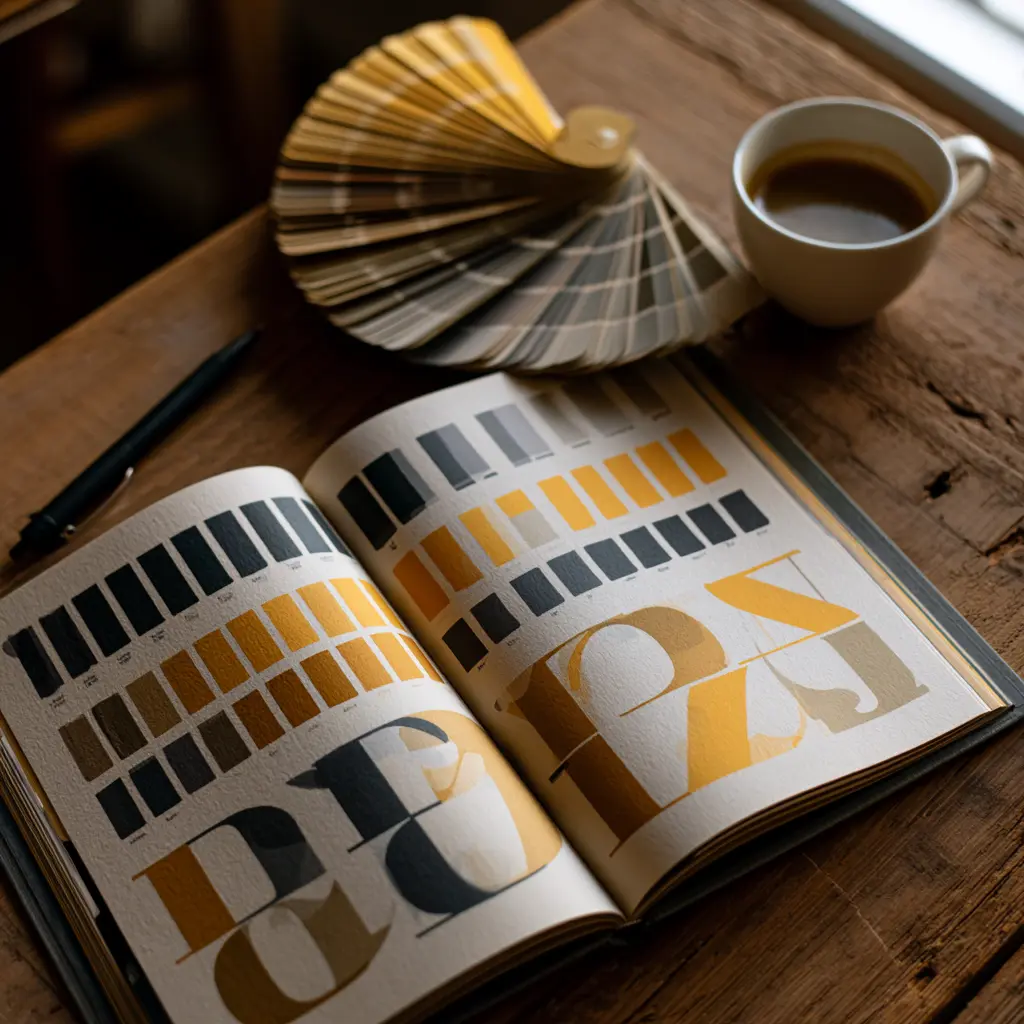An open brand guide showing colour swatches and large letter samples on a desk with paper colour chips and a pen.
