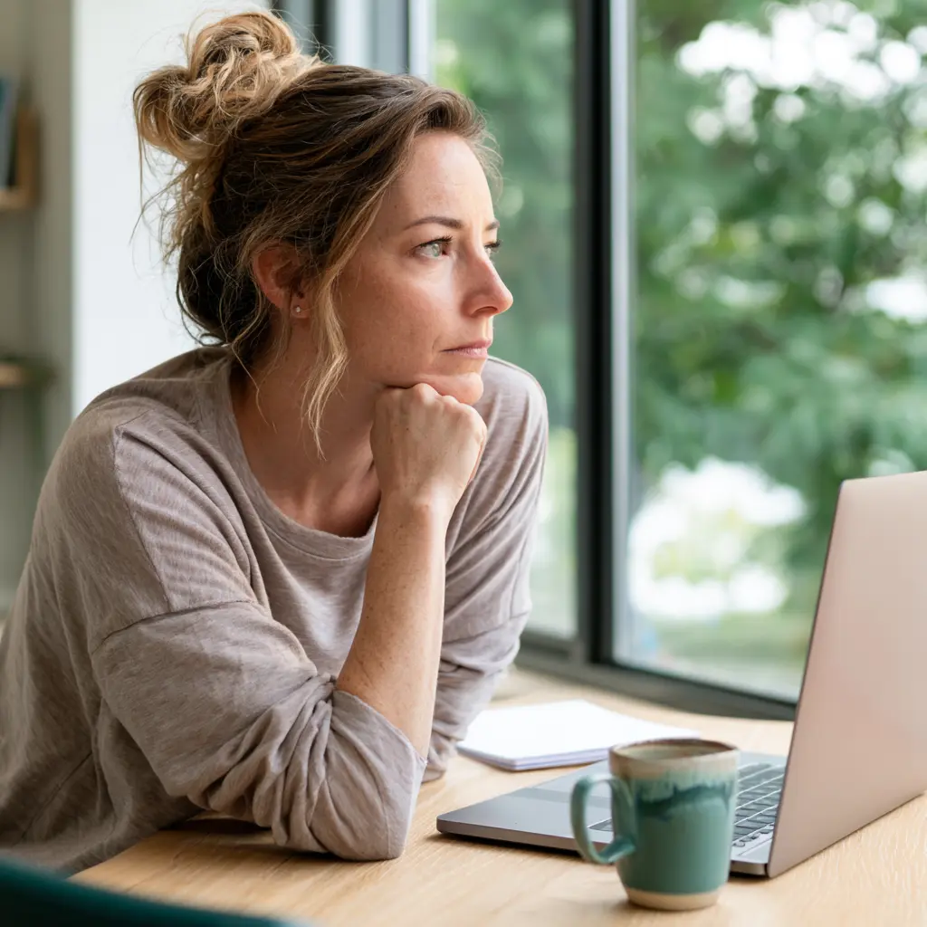 A woman at a desk looking thoughtfully at a laptop while planning a website, with a tree-filled window behind her.