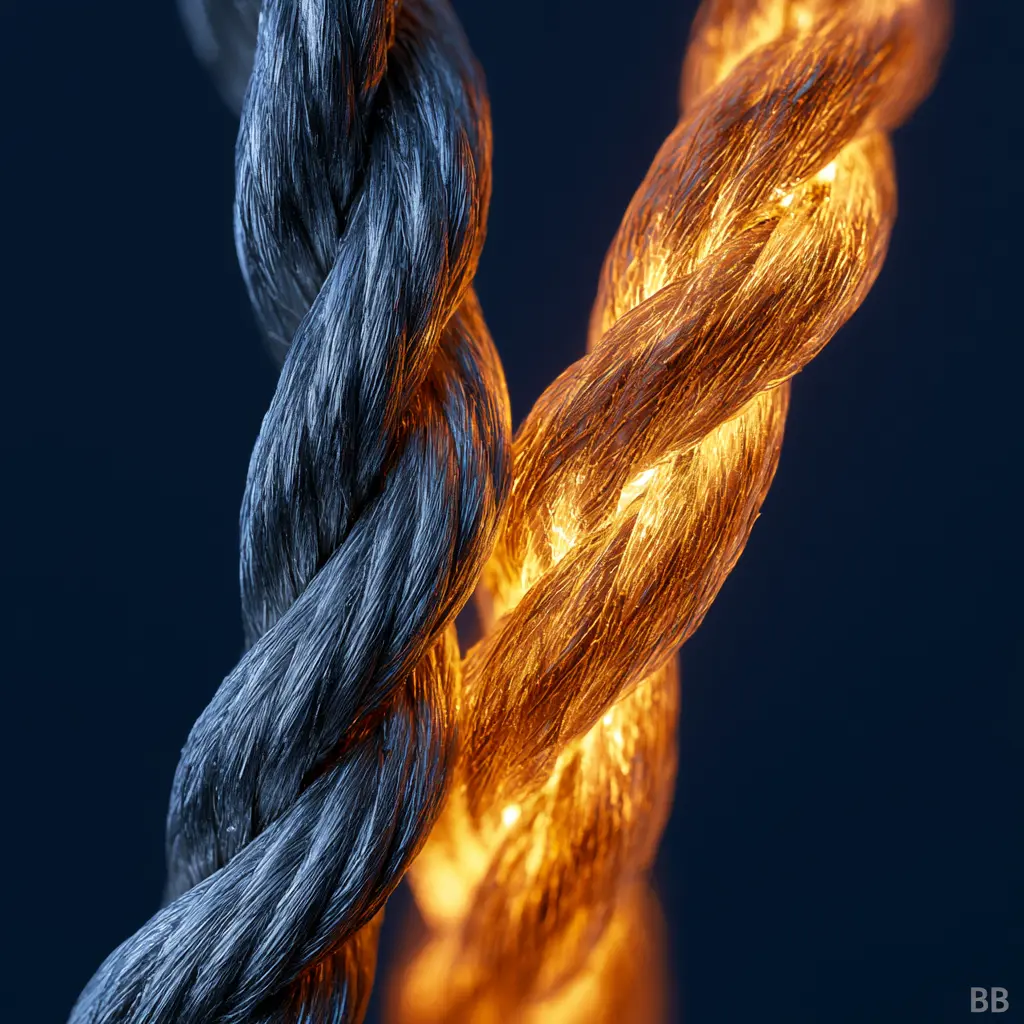 A steel cable and a glowing amber rope braided into one strand, showing GEO and SEO working together.