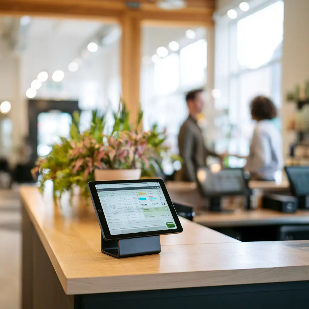 Service business reception desk with a tablet showing an online booking schedule.
