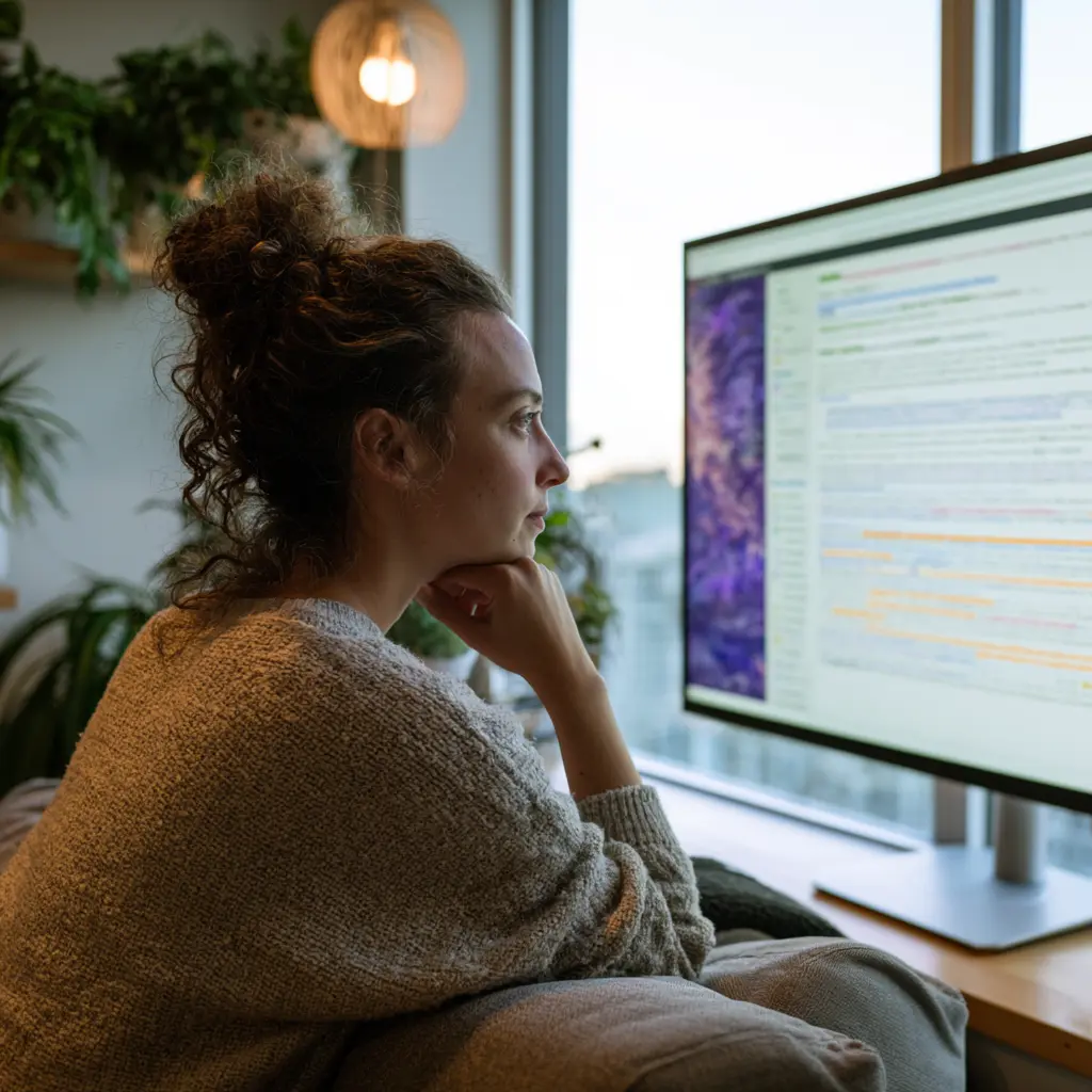 Marketer reviewing AI search visibility and citations on a monitor in a Vancouver studio.