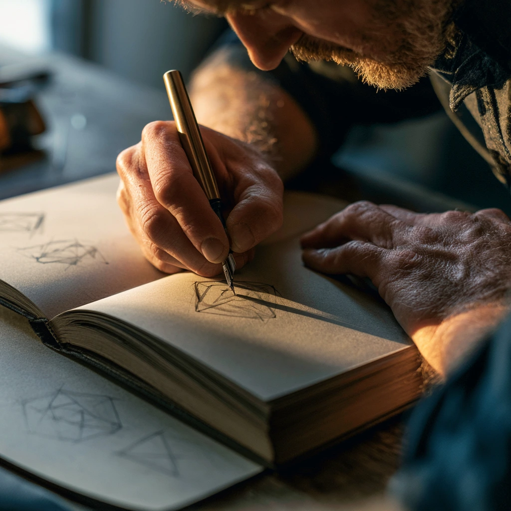 Designer sketching an original geometric logo mark by hand, showing the principles behind memorable and iconic logos