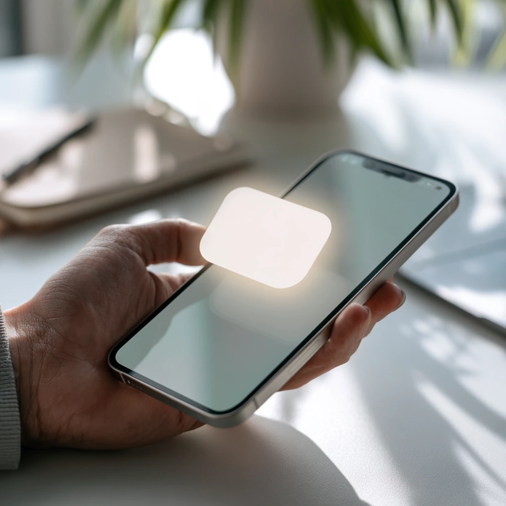 Hand holding a smartphone with a glowing blank answer panel, showing how answer engine optimization earns the single AI answer