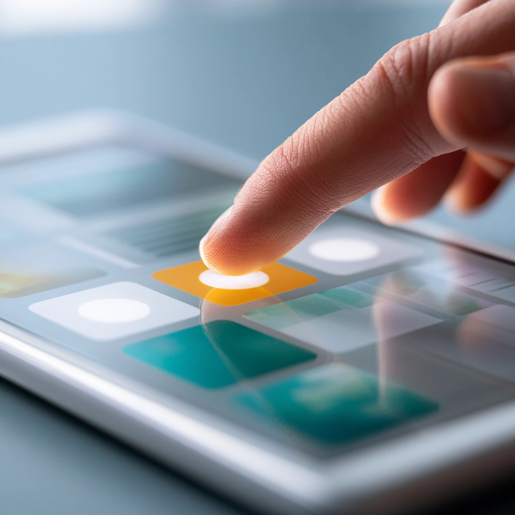Close-up of a thumb tapping large buttons on a mobile-friendly website interface, showing good mobile website design