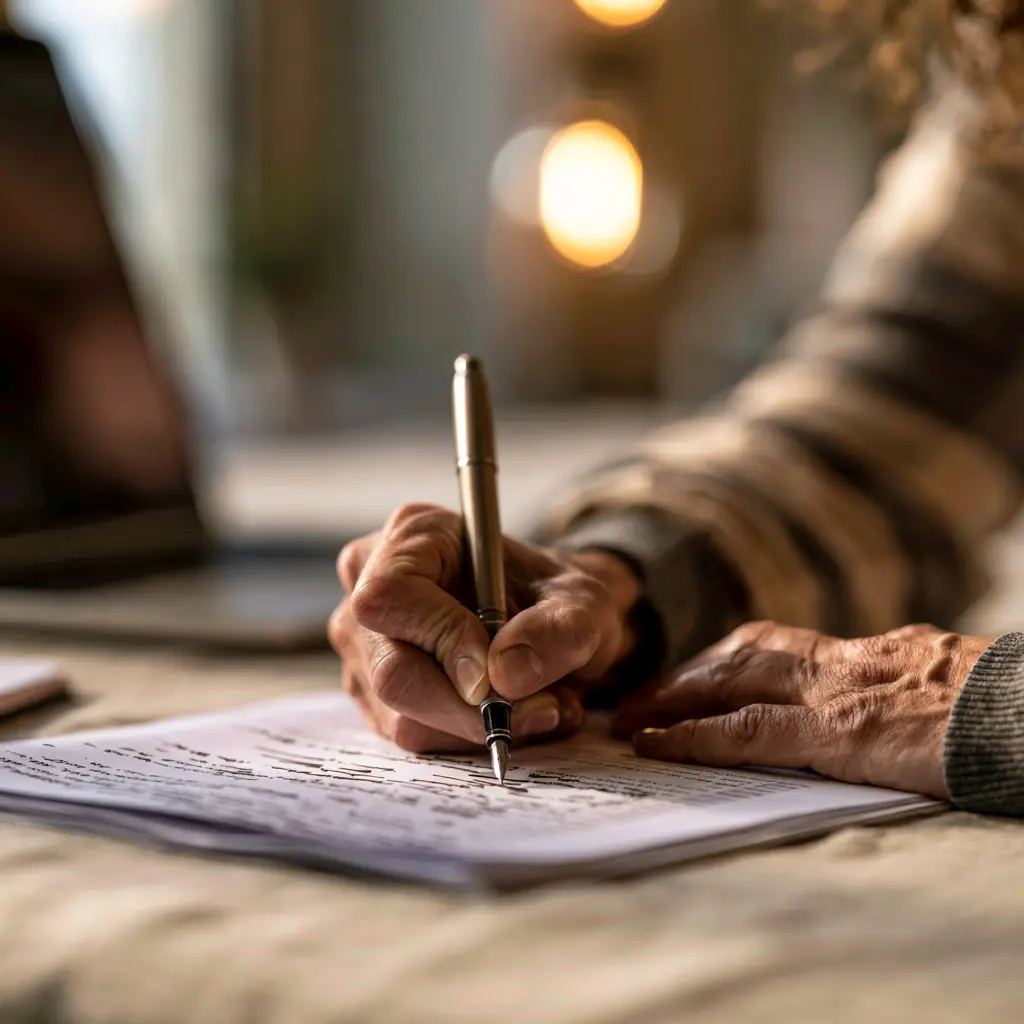 Close-up of hands editing a printed draft with a pen, refining website copywriting for a small business to improve ranking and conversion.