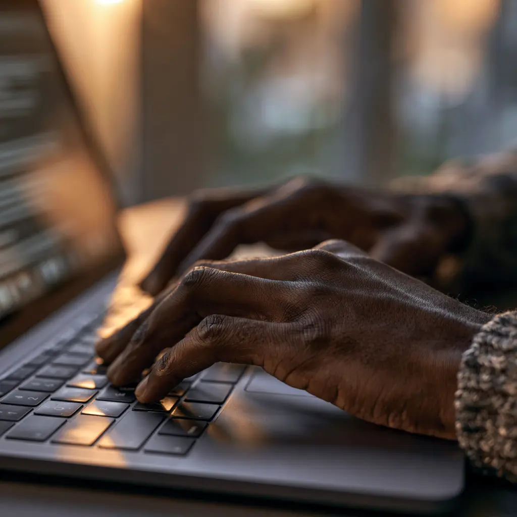 Close-up of hands typing on a laptop with a structured content layout, showing how to optimize a page to rank in AI Overviews.