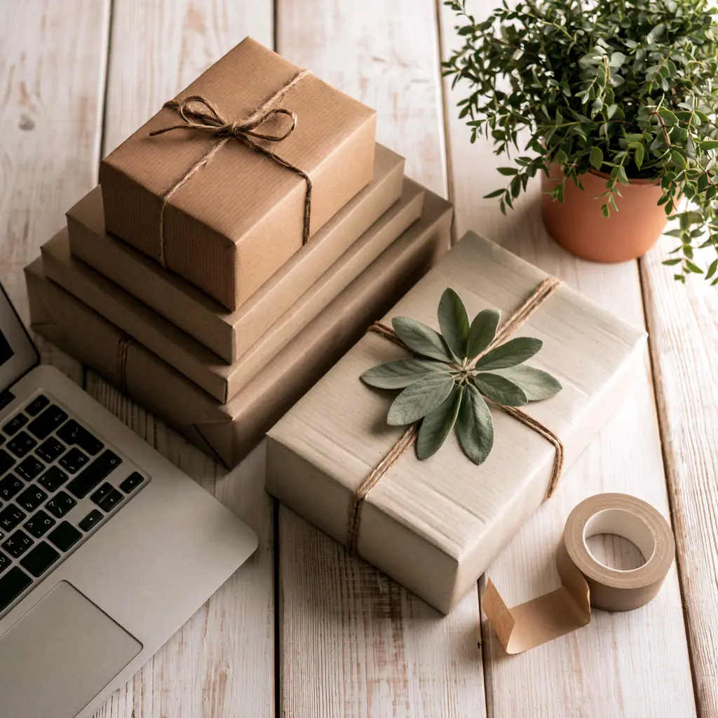 Overhead view of an ecommerce shipping station with kraft parcels and a laptop, illustrating product page SEO for a Canadian online store.