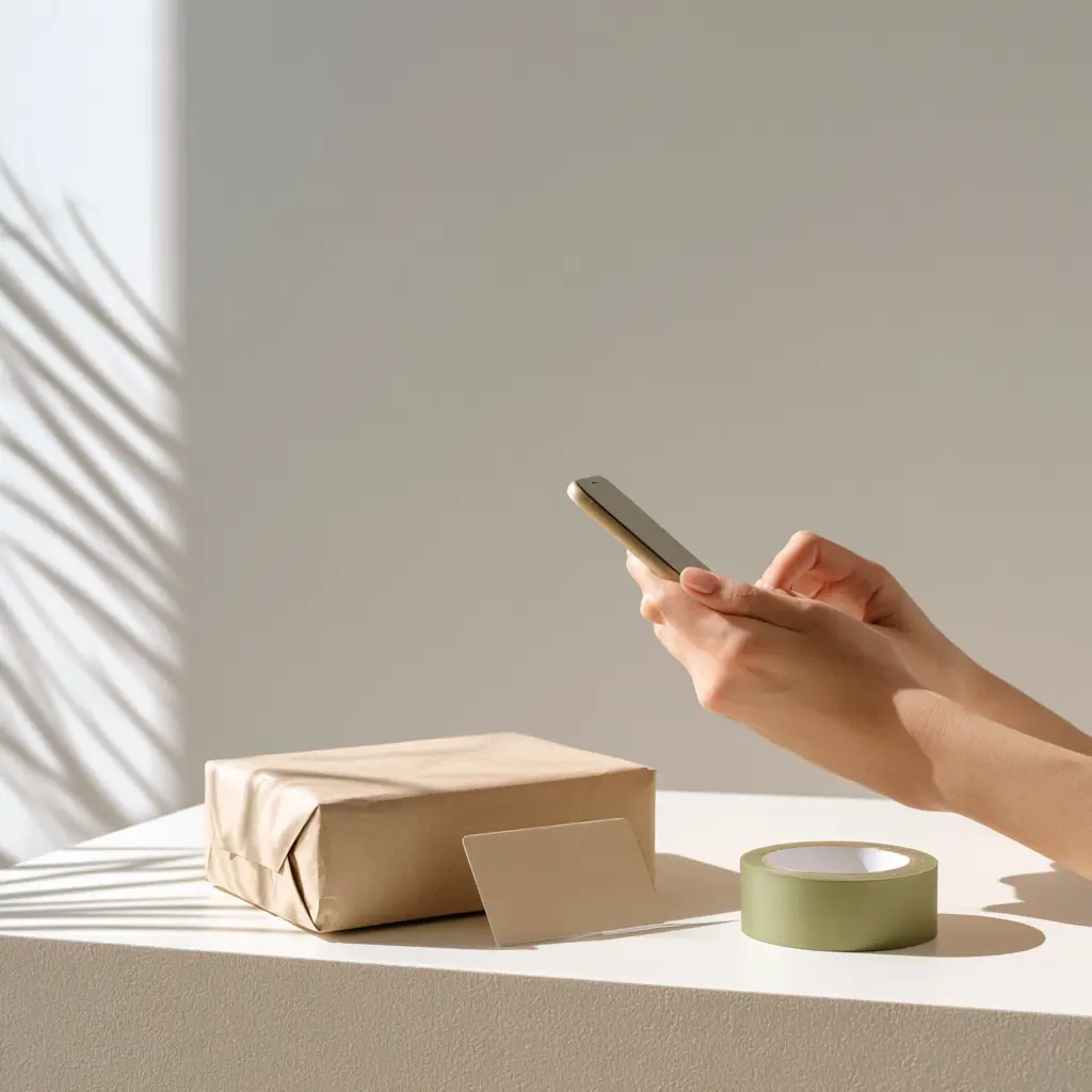 Hands holding a phone above a tidy packing bench with a bank card and a sealed parcel, showing a calm end to end checkout
